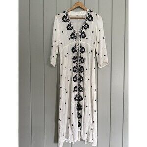 Free People Fable Embroidered Boho Midi Dress S Small White Black 3/4 Sleeves